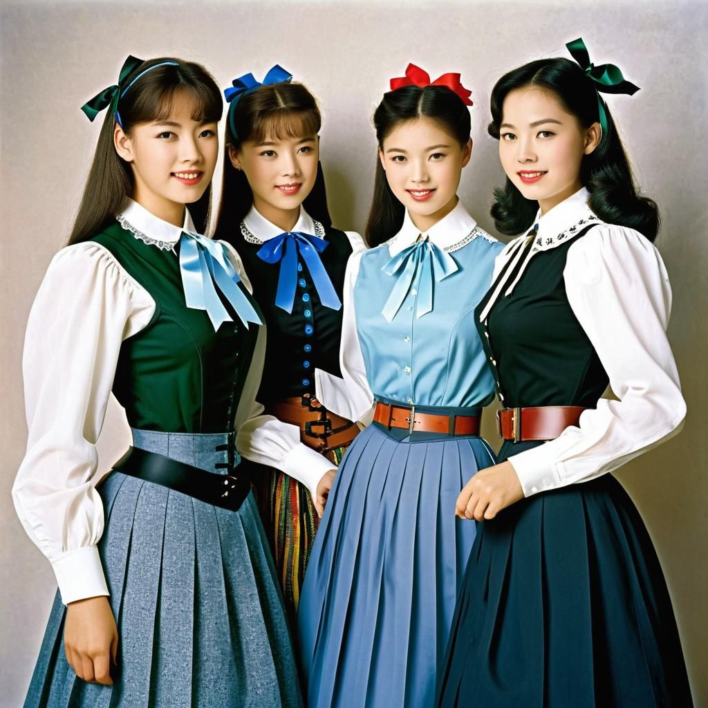 Women in Blouses and Skirts with Ribbons