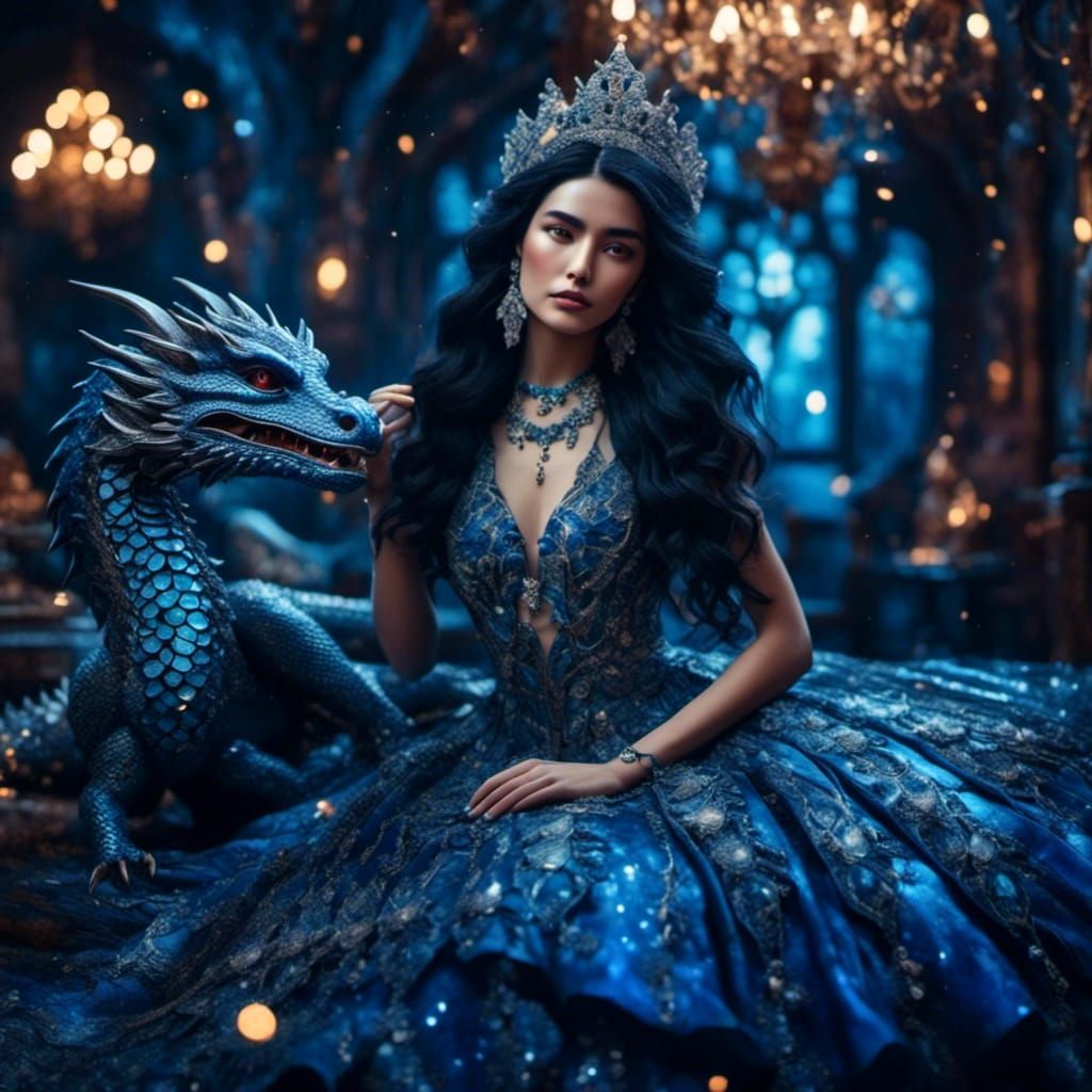 Royal Blue Palace Queen and Dragon in Hyperreal Style