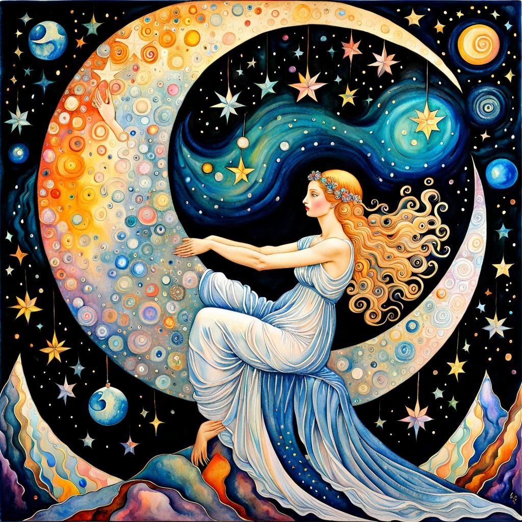 Angel on Crescent Moon in Watercolor Style