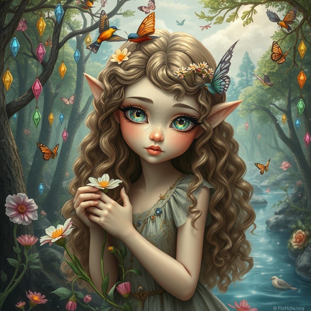 Whimsical Forest Elf Picking Flowers in Dreamy Landscape
