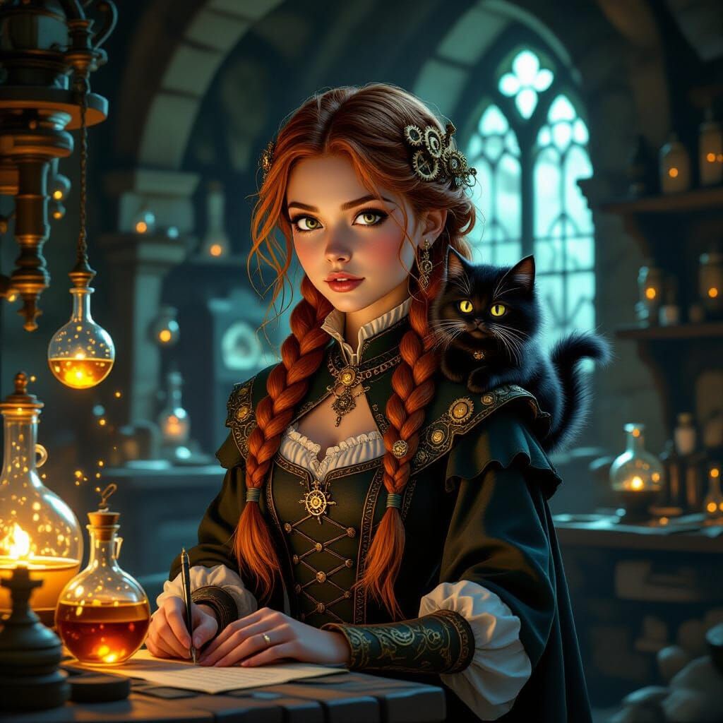 Steampunk Witch and Familiar in Alchemical Lab