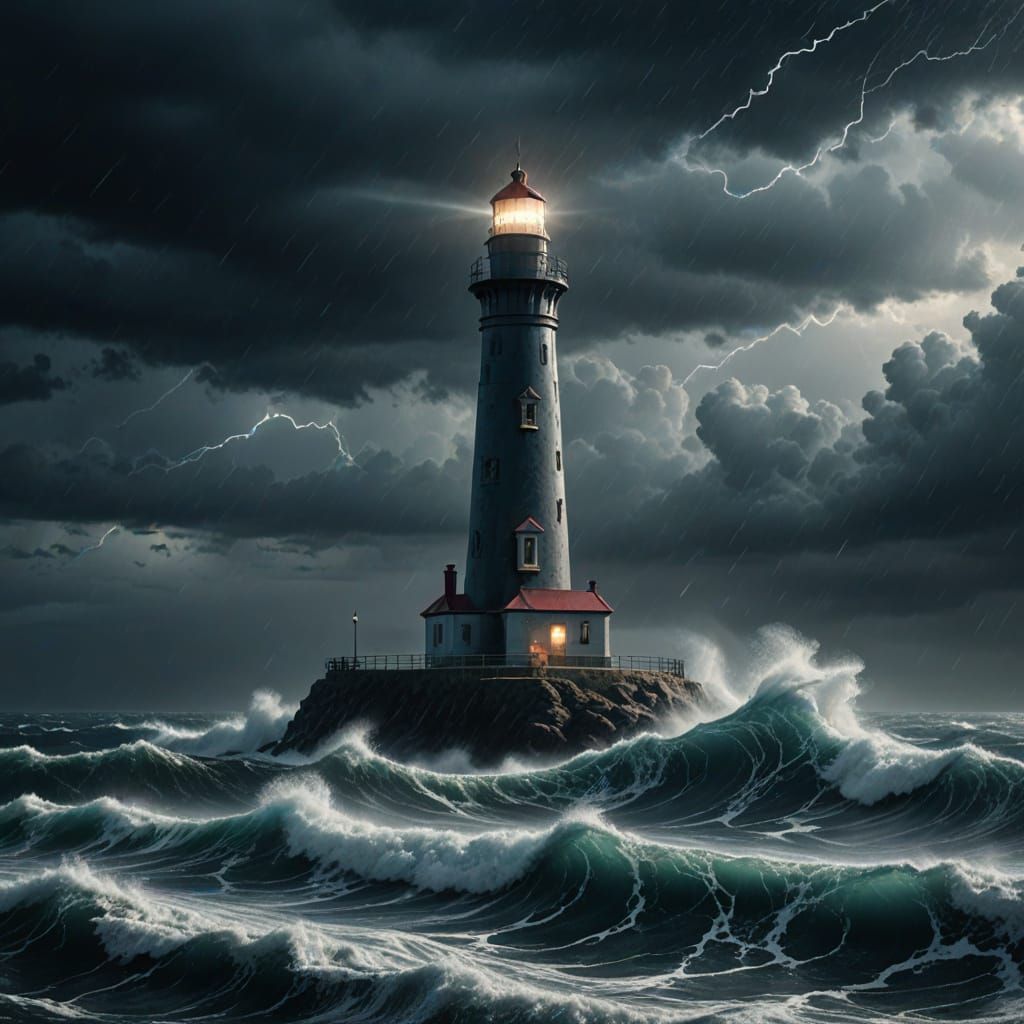 Lighthouse Guides Ship Through Stormy Seas