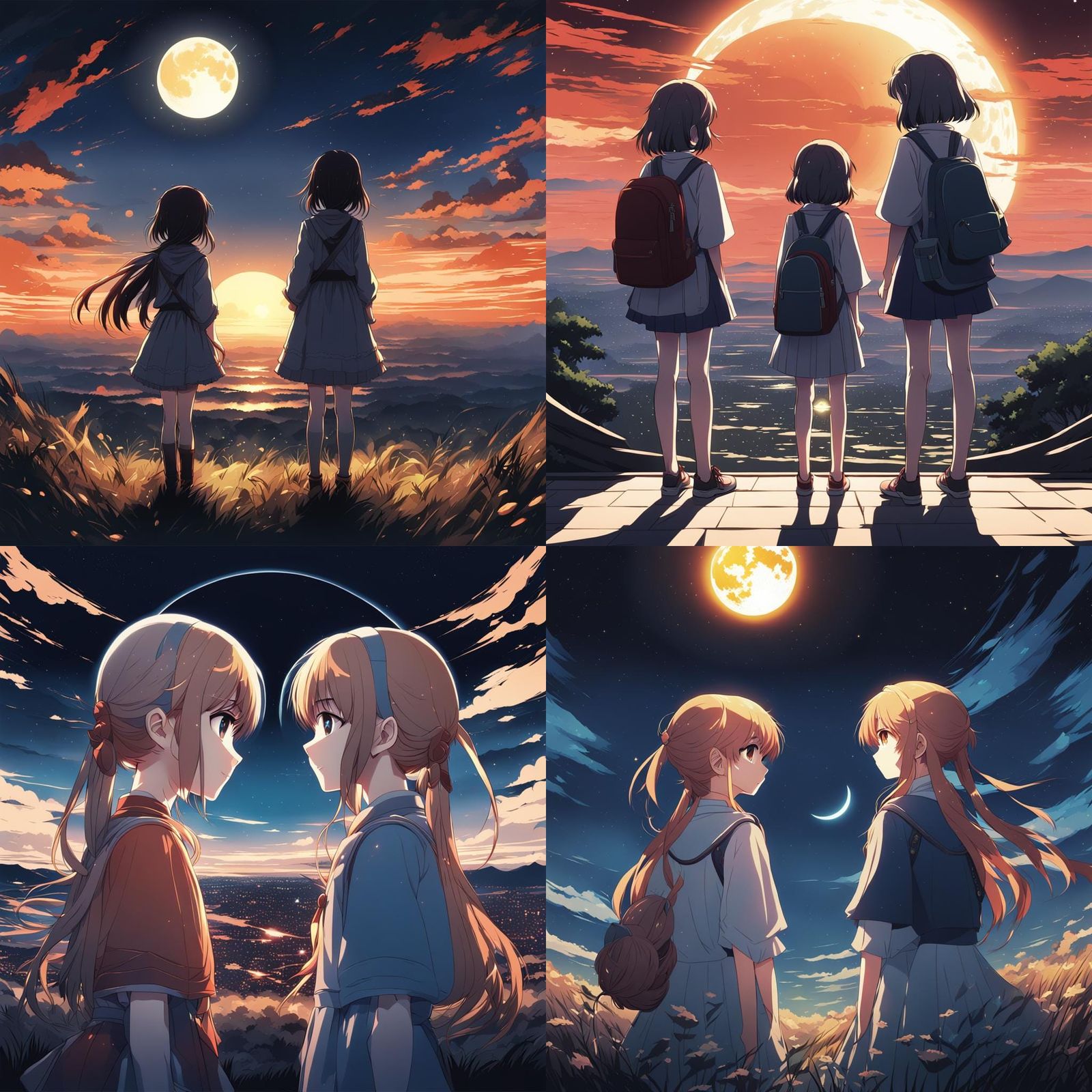 Sisters Staring at Eclipse in Anime Style