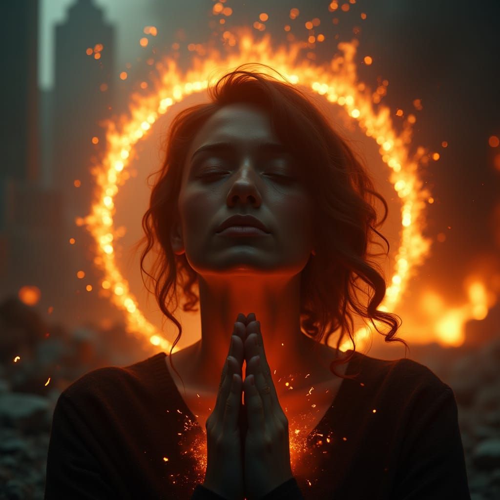 Dark Fantasy Woman in Fiery Halo, Praying Amidst Burning Cit...