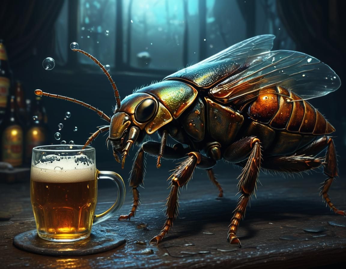 Macabre Surrealism: Cockroach Drinking Beer in Dark Fantasy