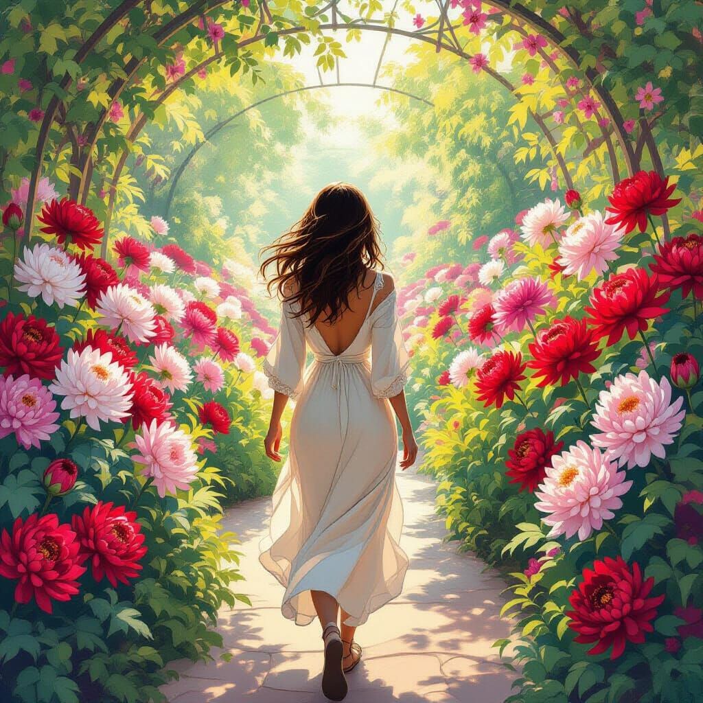 Woman in Magical Chrysanthemum Garden in Art Nouveau Style