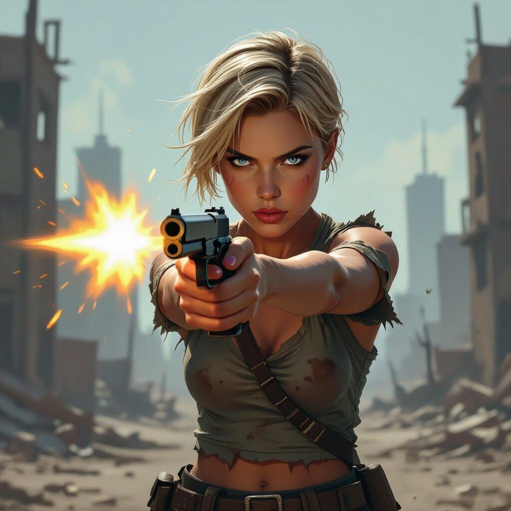 Post-Apocalyptic Woman Fires Pistol in Gritty Cityscape