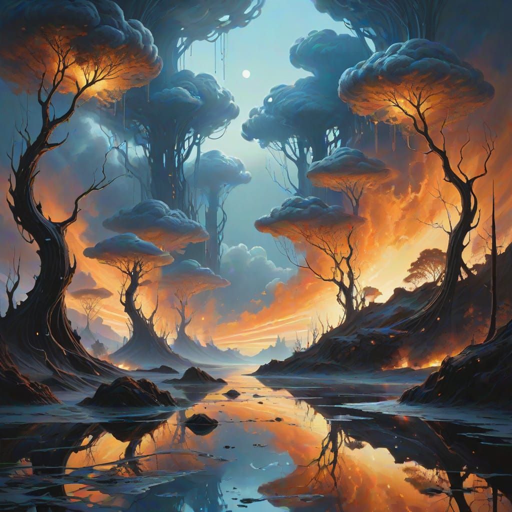 Ethereal Metallic Skies with Iridium Hued Clouds in Cyberpun...