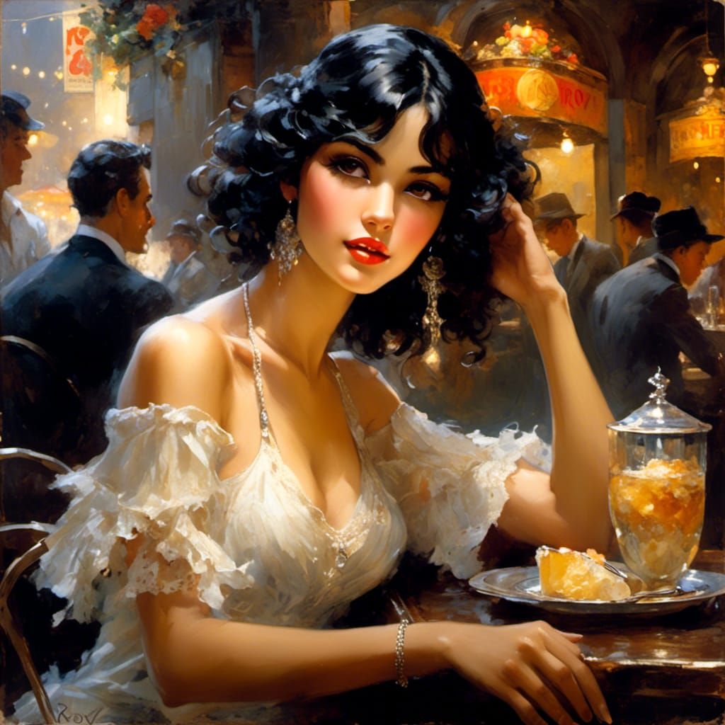 Latina Woman in 1920s Cafe, Vintage Splash Art