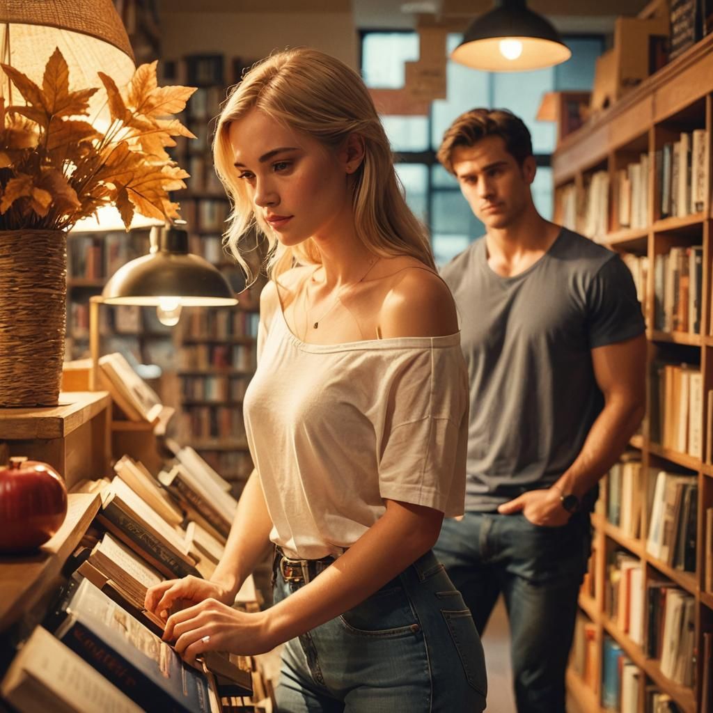 Girl Reading Books in Bookstore, Watched by Boy