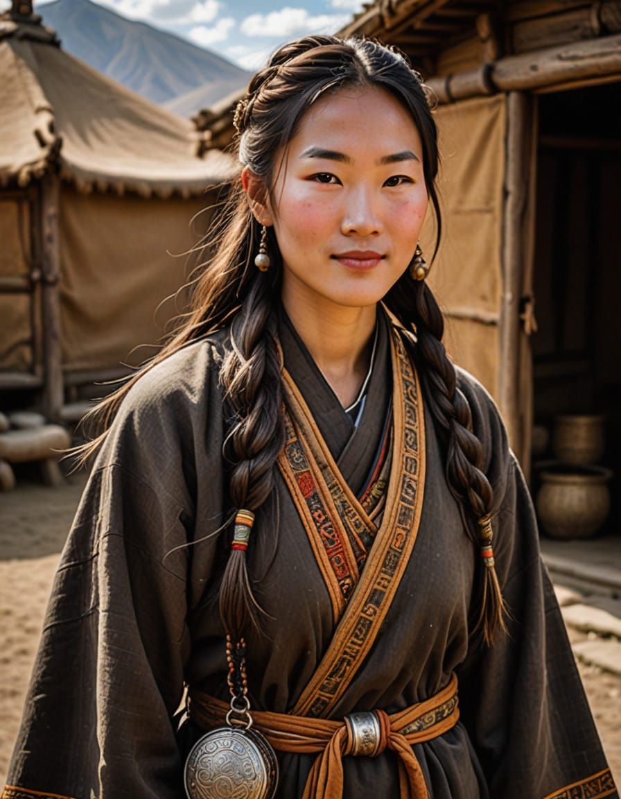 Gentle Mongolian Healer Woman in Traditional Steppe Camp