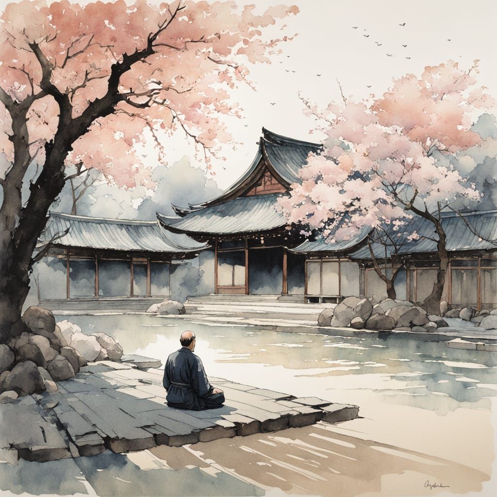 Twilight Meditation in Dojo Garden: Watercolor Style