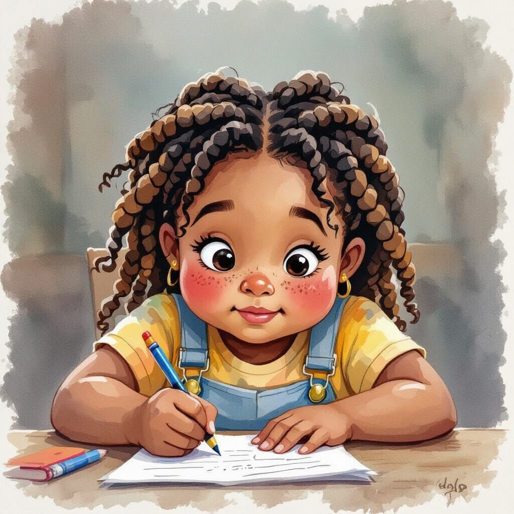 Expressive Watercolor of a Girl Finishing Homework