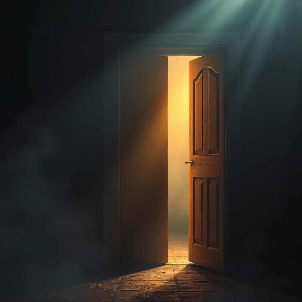Mysterious Wooden Door Ajar, Luminescent Interior