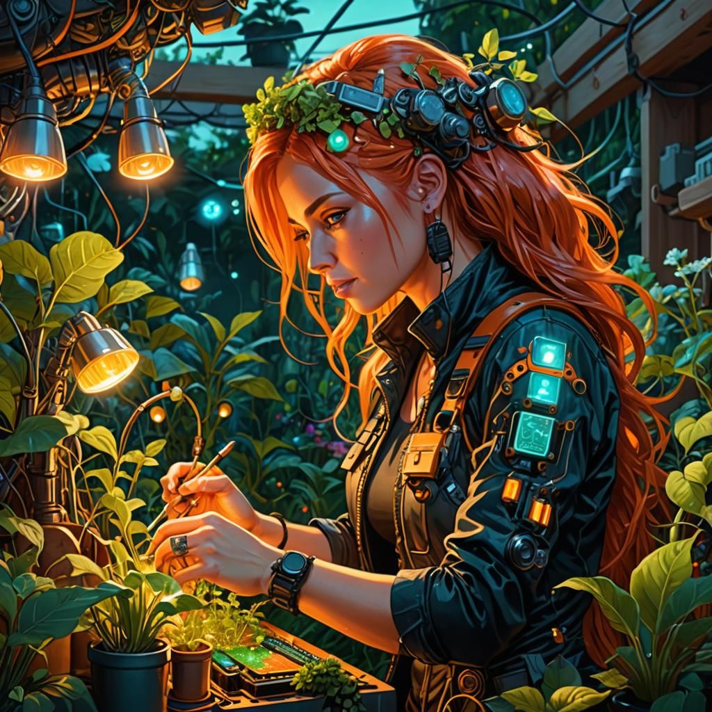 Biopunk Woman in Bioluminescent Electronic Garden