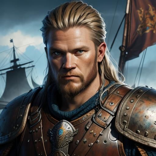 Detailed Viking Warrior Near Ship in Splash Art