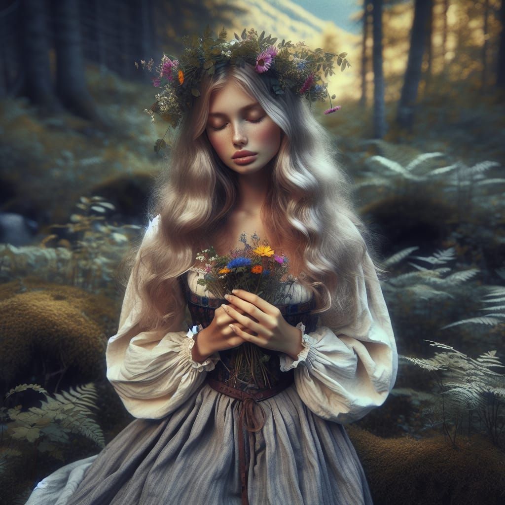 Youthful Peasant Girl with Wildflower Crown in Forest