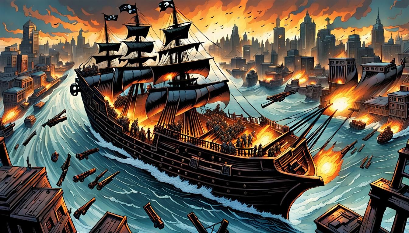 Pirate Ship Attack in Comic Book Style