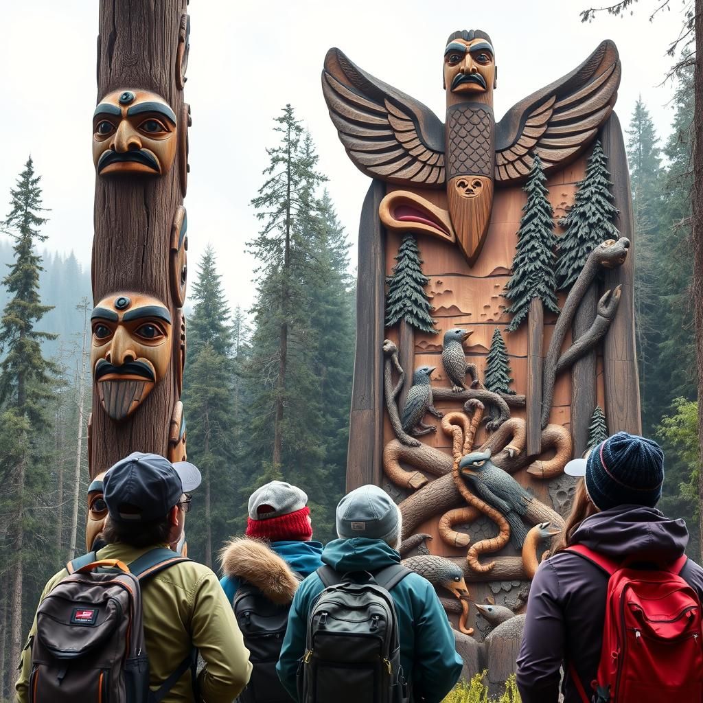 Hikers Admiring Intricate Hand-Carved Totem Pole
