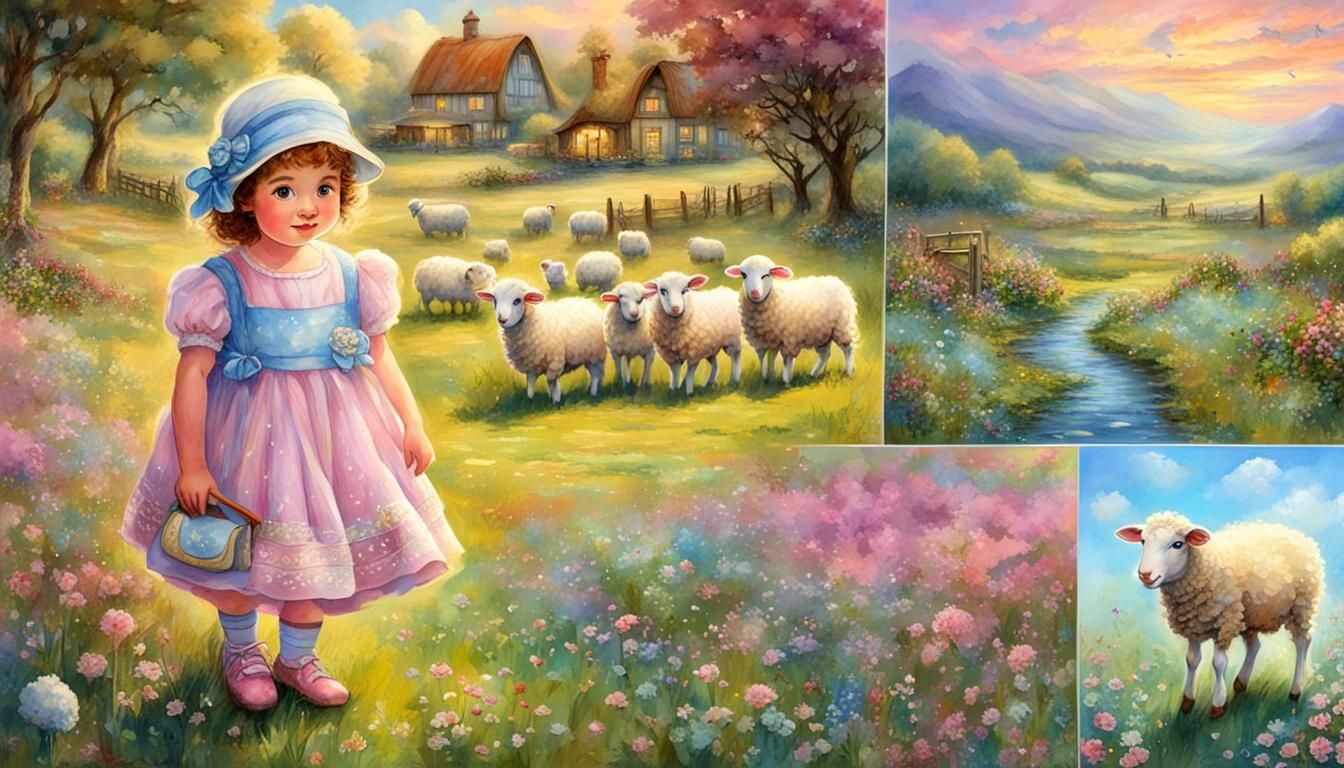 Cute Girl and Sheep in Storybook Disney Style