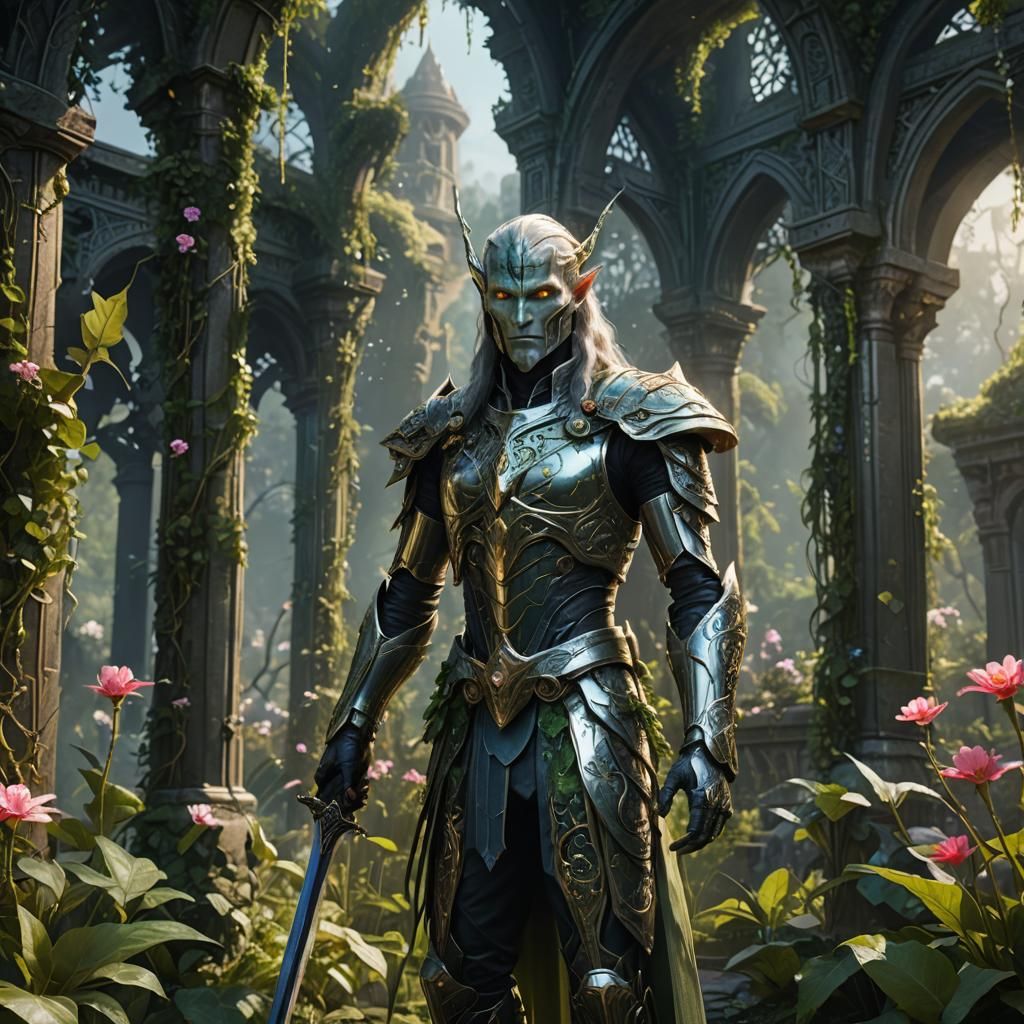 Android Warrior with Elvish Sword in Overgrown Temple