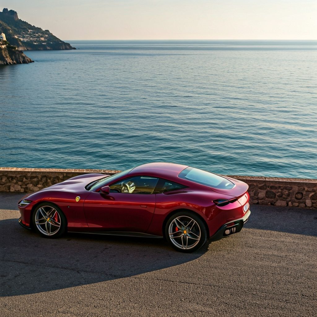 Wine-Red Ferrari Roma on Amalfi Coast Road