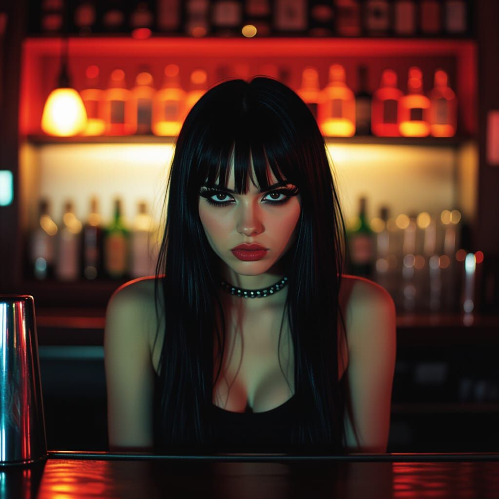 Emo Bartender with Long Eyelashes in Noir Style