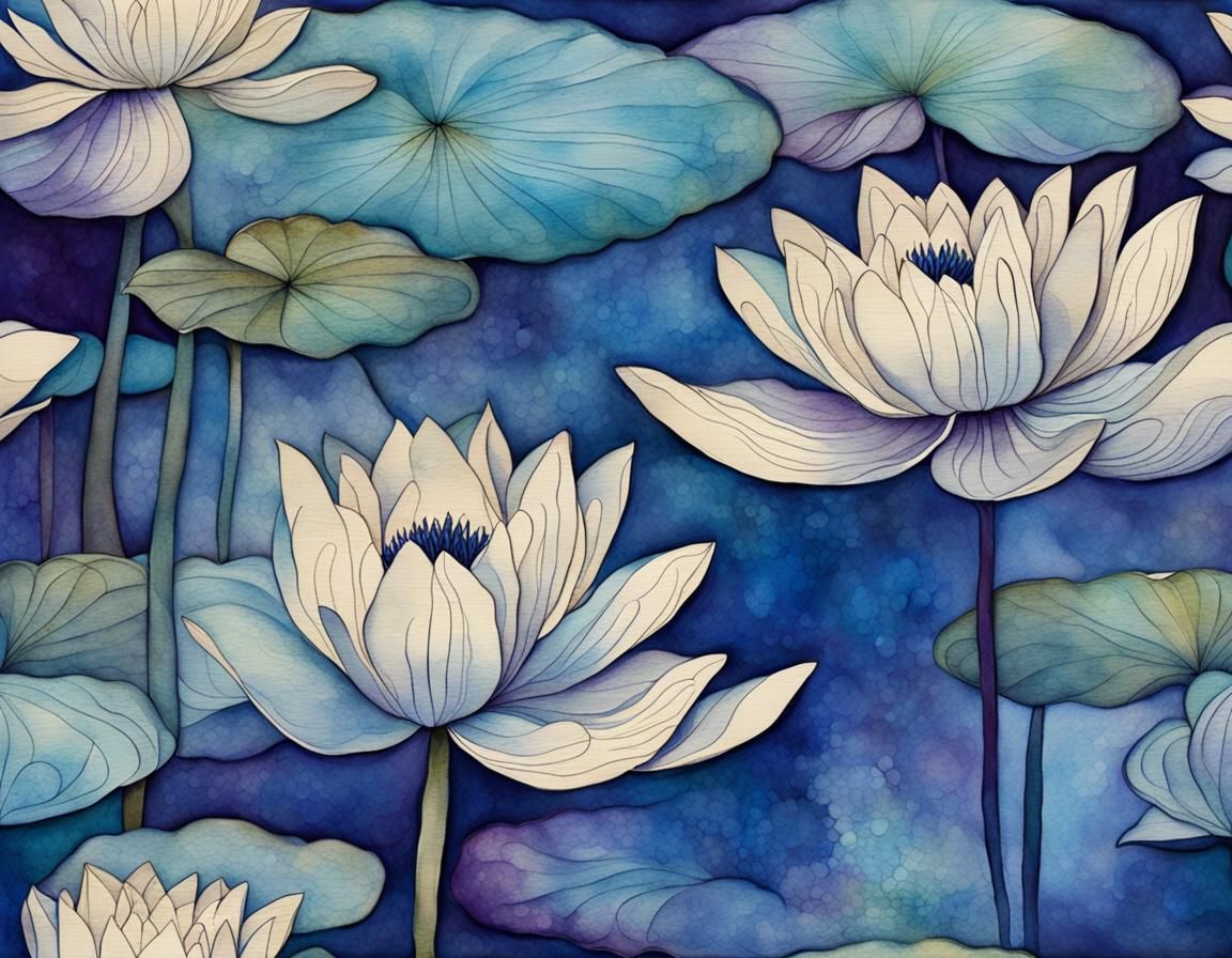 Art Nouveau Watercolor Water Lilies in Blue