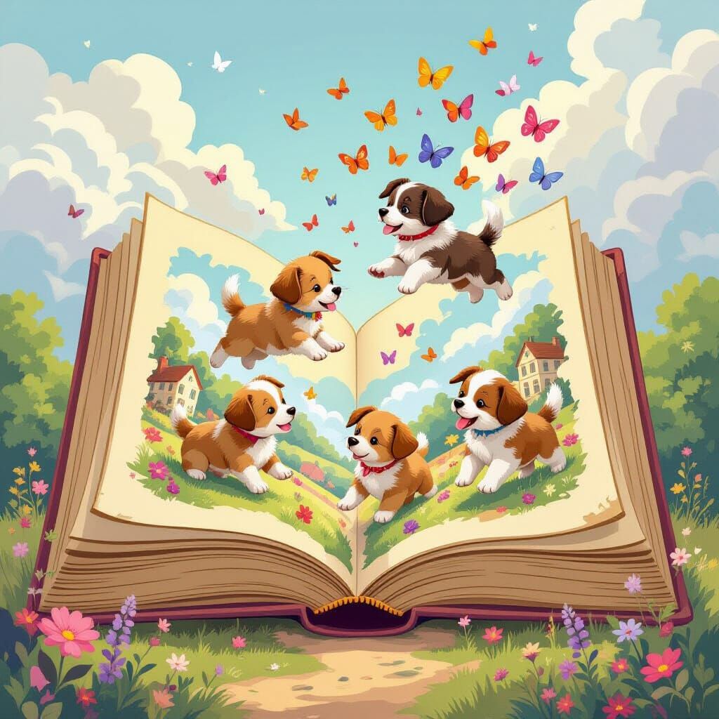 Puppies Leap Through Enchanted Storybook Landscapes