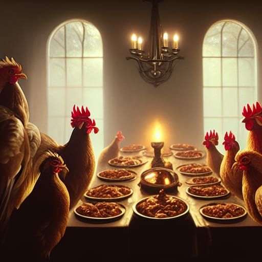 Chicken-Headed Family at Thanksgiving Dinner in Dark Fantasy