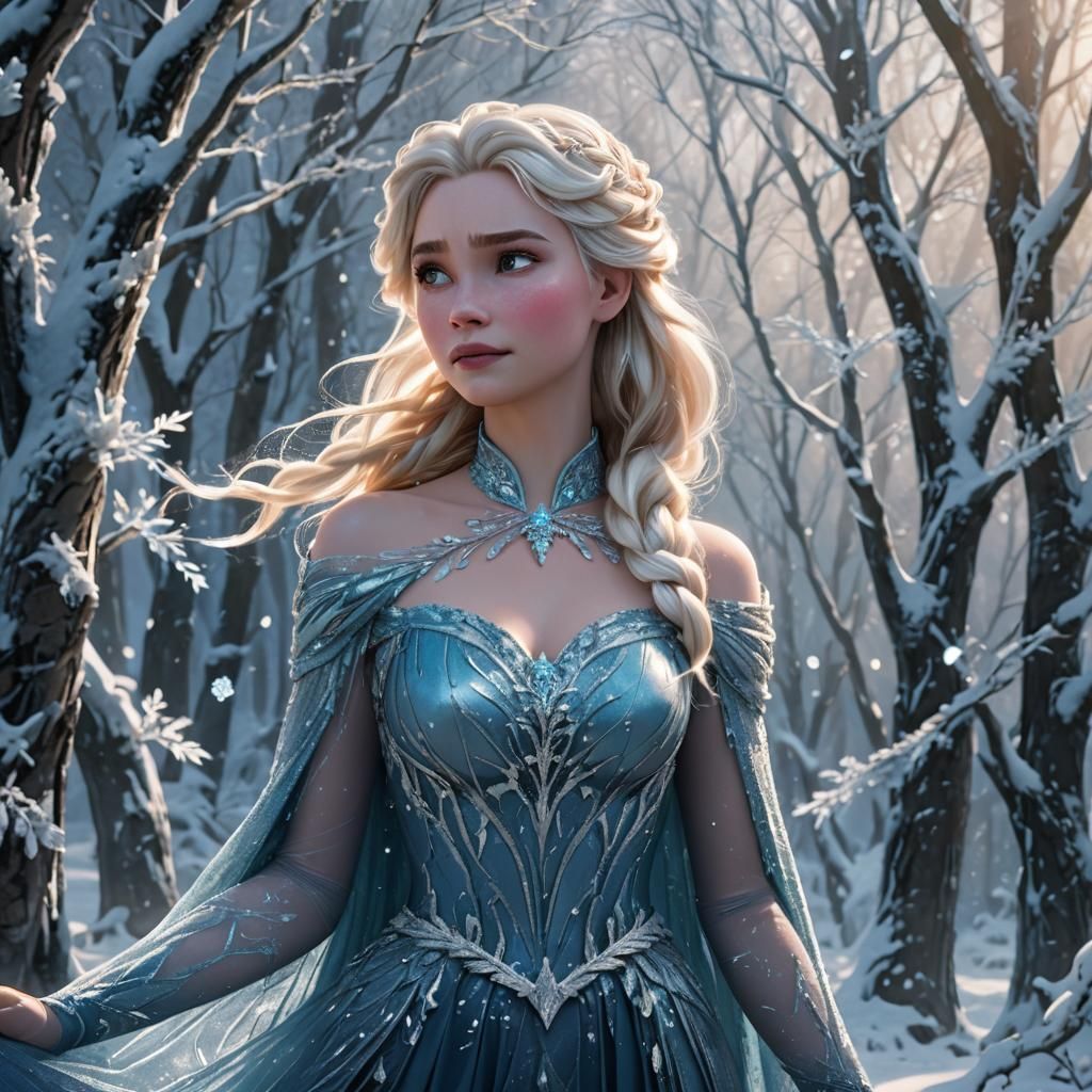 Queen Elsa in Icy Forest: Digital Art