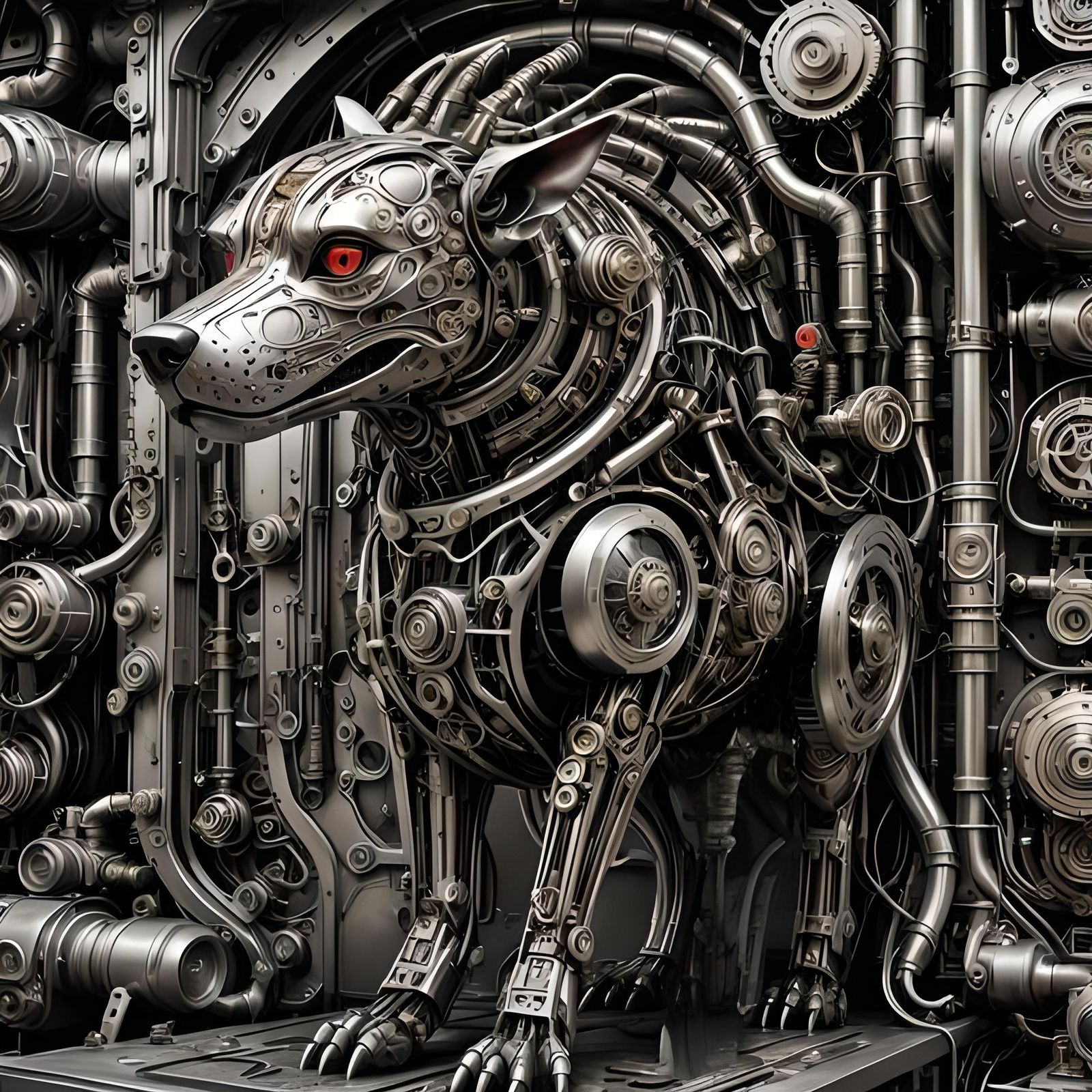 Bio-Mechanical Cyber Dog Portrait in Steampunk Style