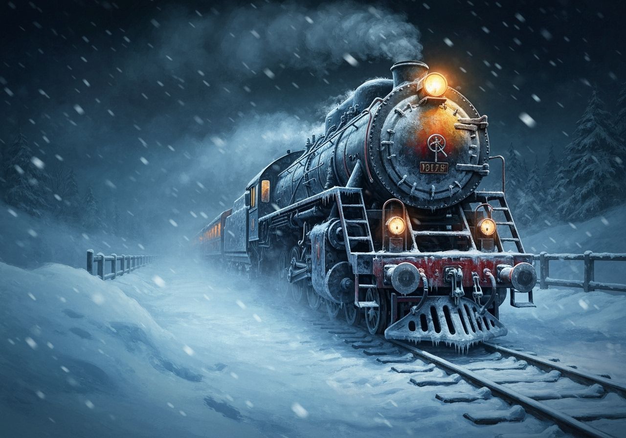 Winter Steam Train in Snowy Night Landscape Painting