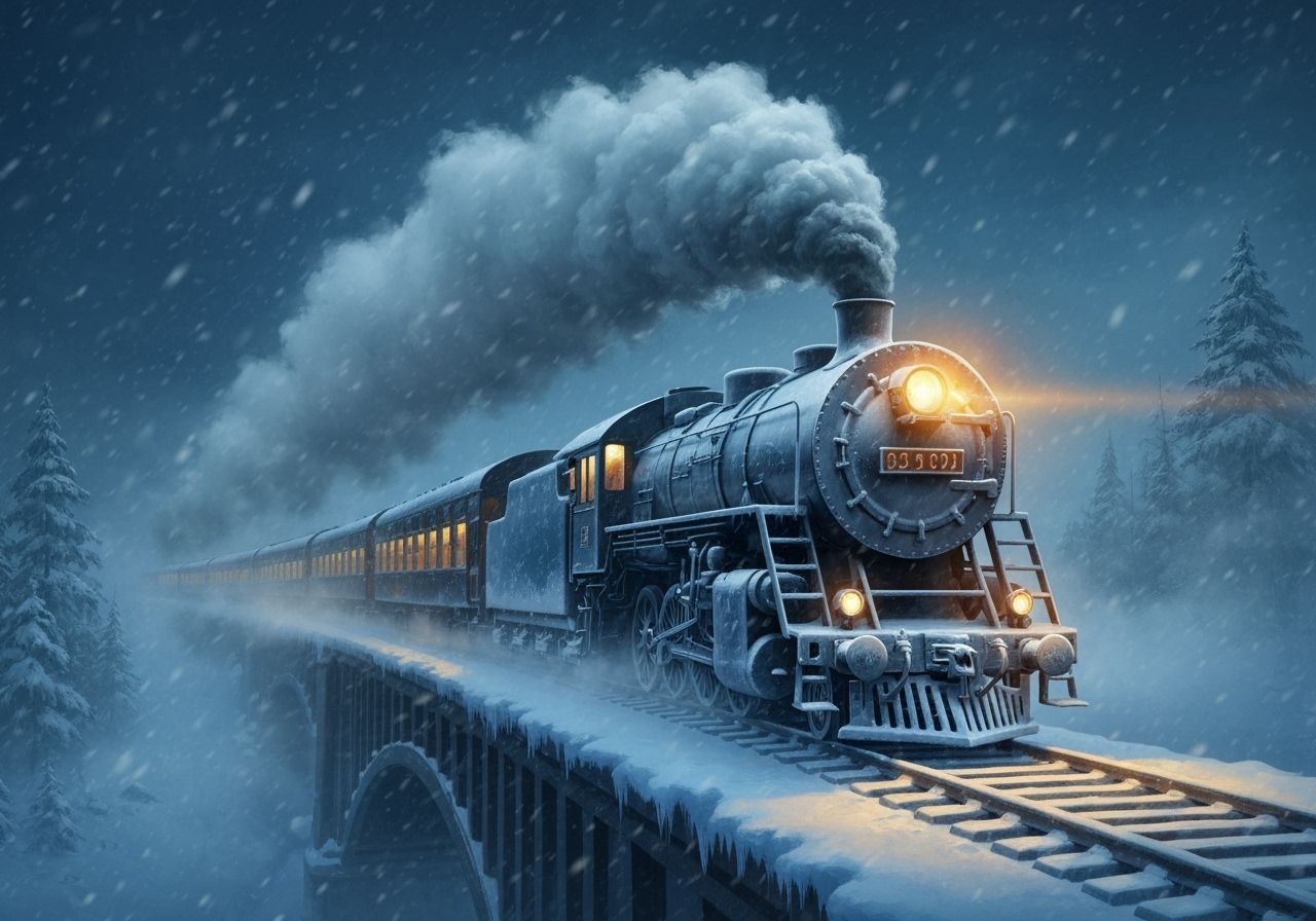 Winter Train Crossing Bridge in Snowy Night Landscape