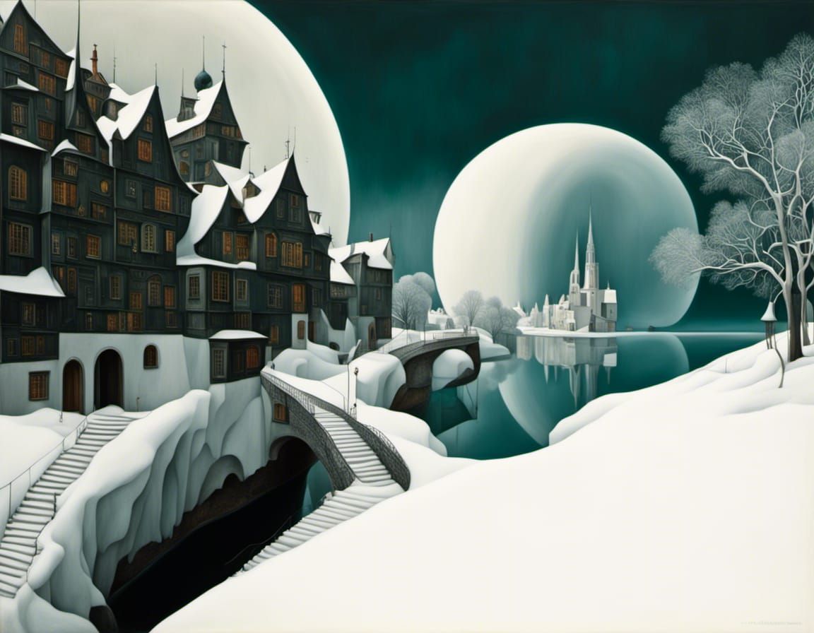 Surreal Winter Town Inspired by M.C. Escher