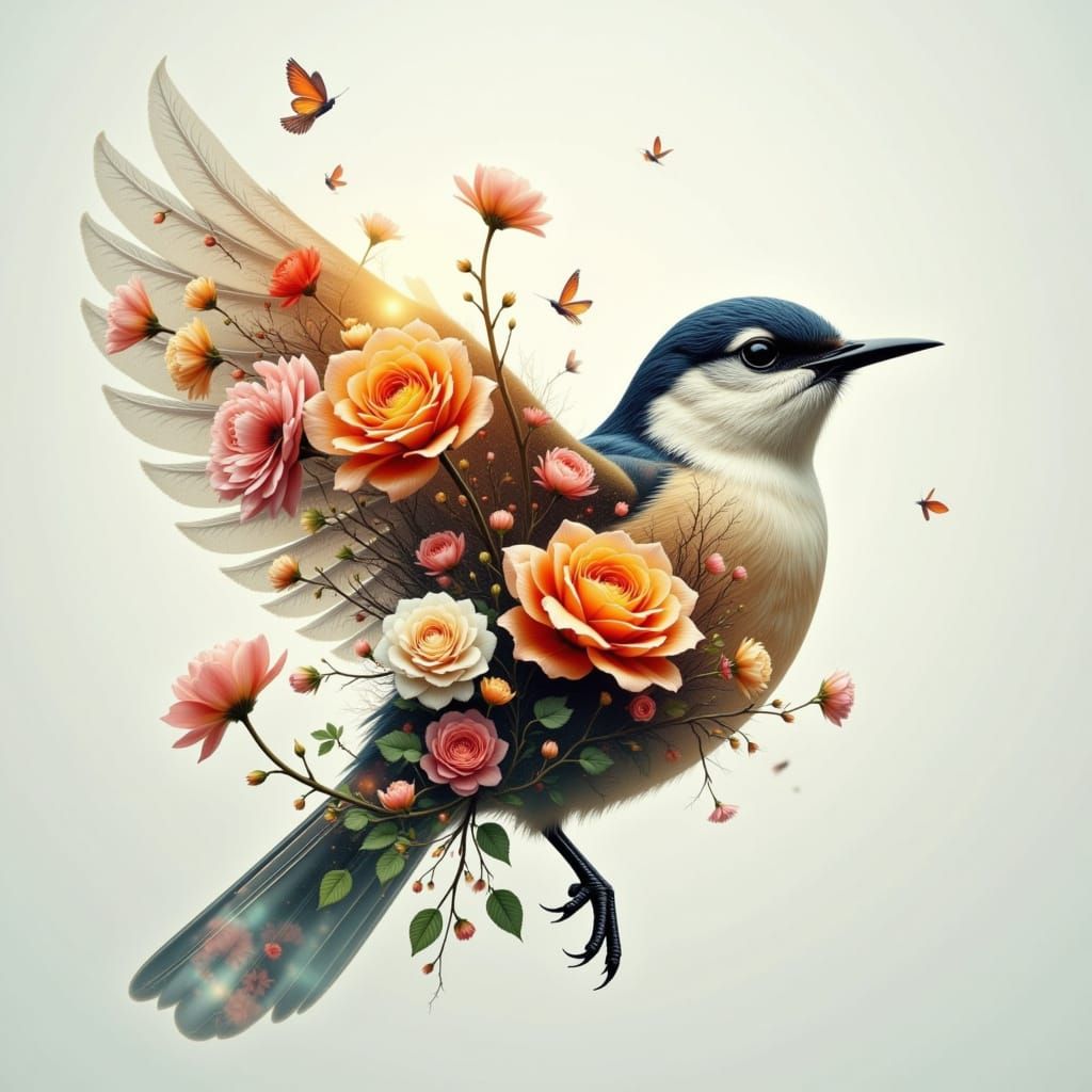 Bird and Spring Flowers in Double Exposure Style