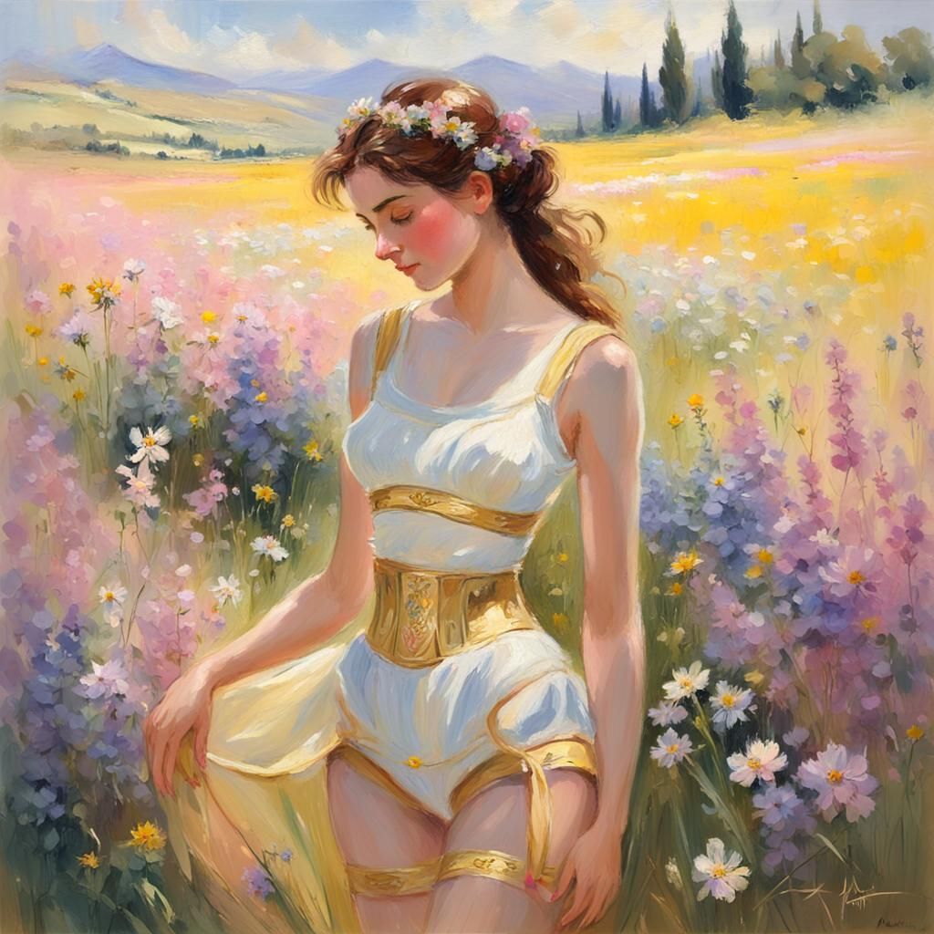 Magical Golden Girdle in Meadow, Dreamy Pastel Art