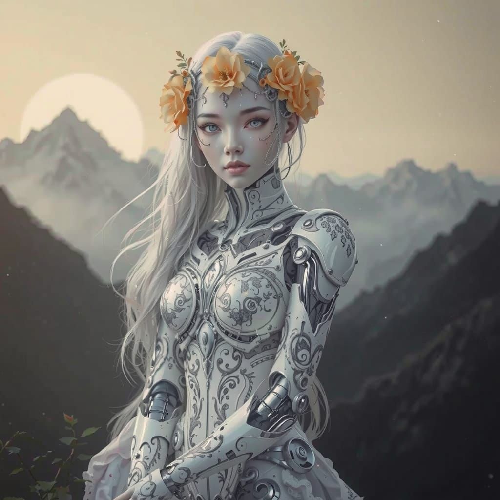 Elegant Cyborg with Florals in Anime Style