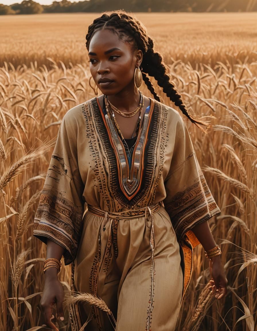 Black Woman in Wheat Field at Sunset