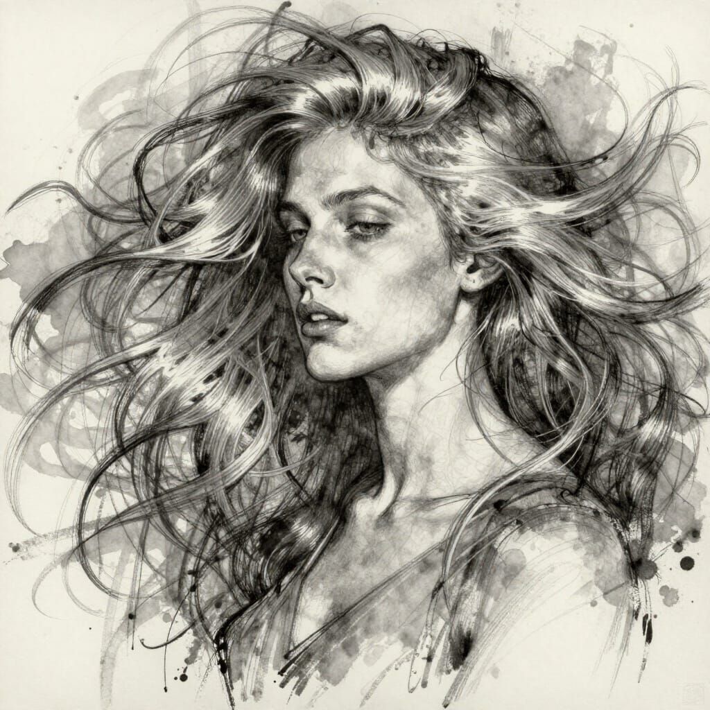 Charcoal Drawing of Serene Woman With Flowing Silver Hair