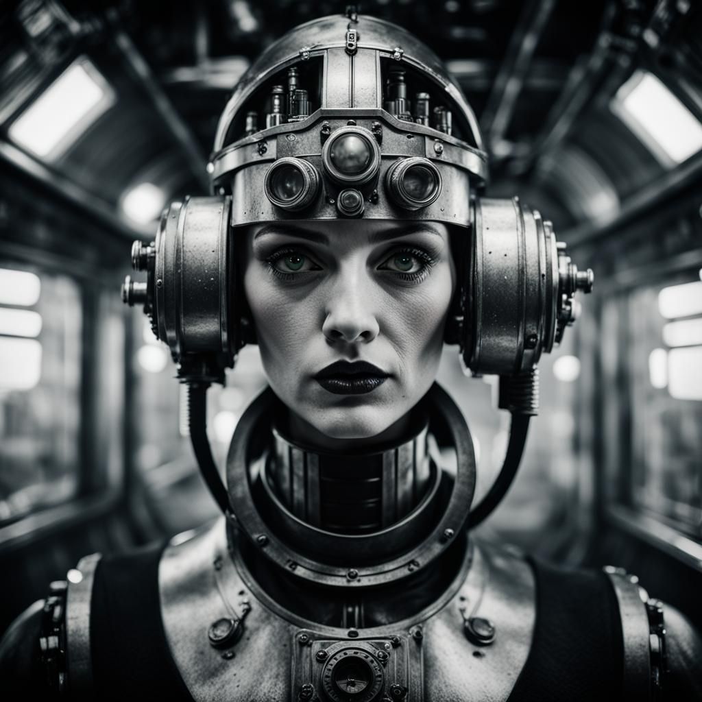 Retro Sci-Fi Machine Woman Portrait in Ambient Light