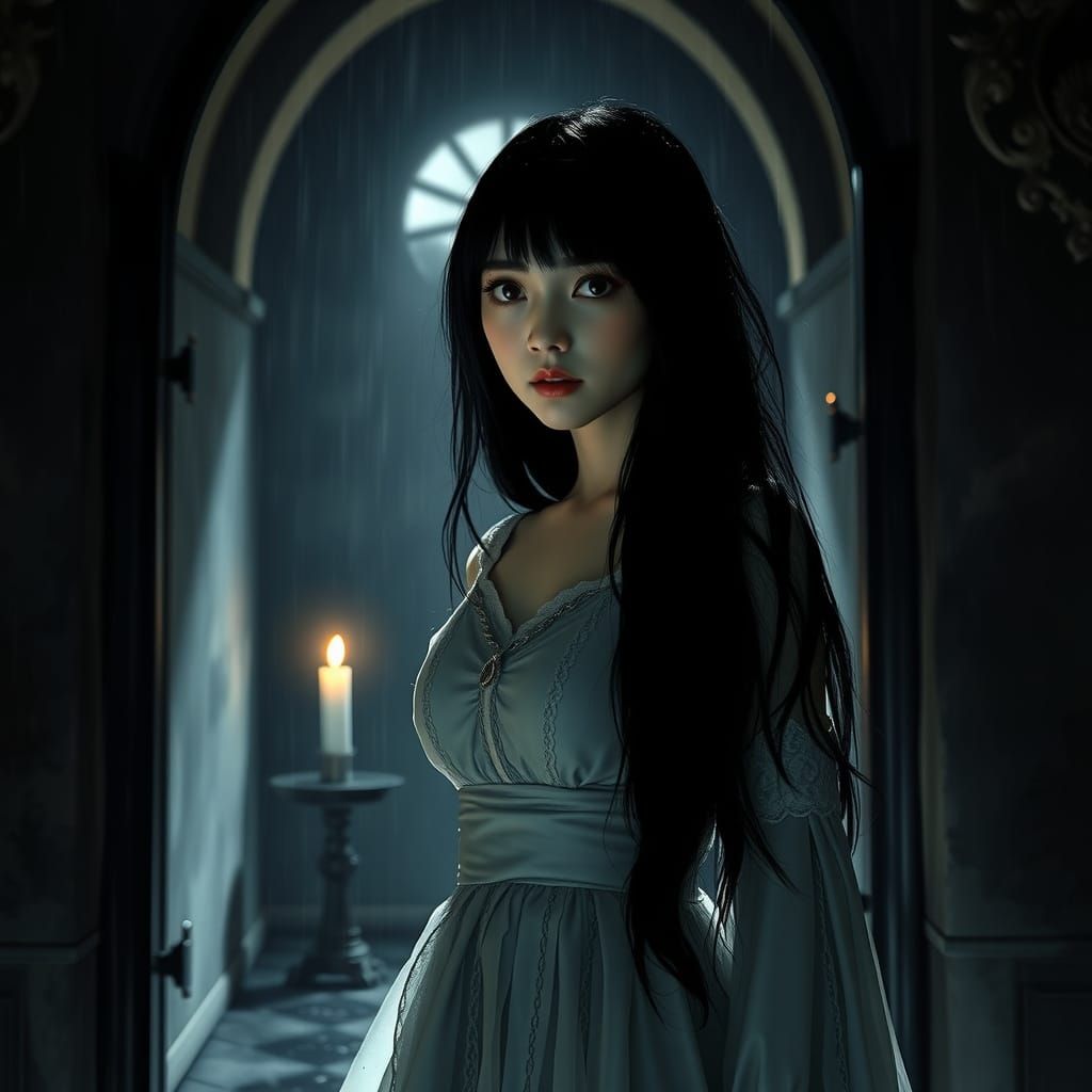 Ethereal Japanese Girl in Dark Castle Hallway