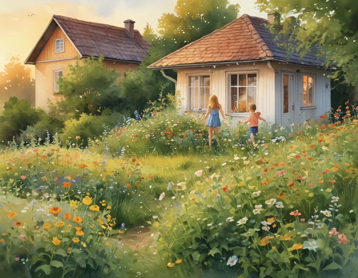 Children Playing by Swedish House in Watercolor