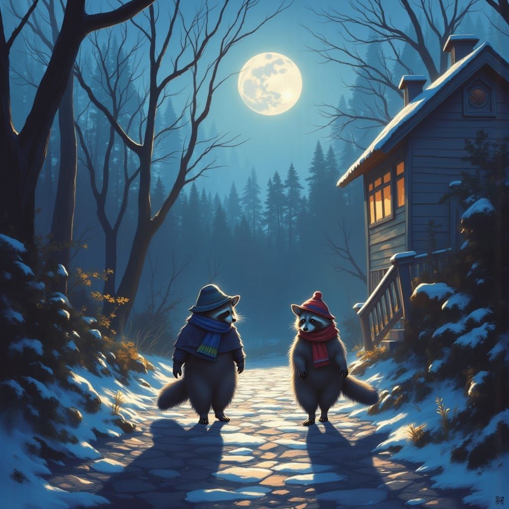 Ethereal Raccoons Stroll Under Moonlit Cobblestones