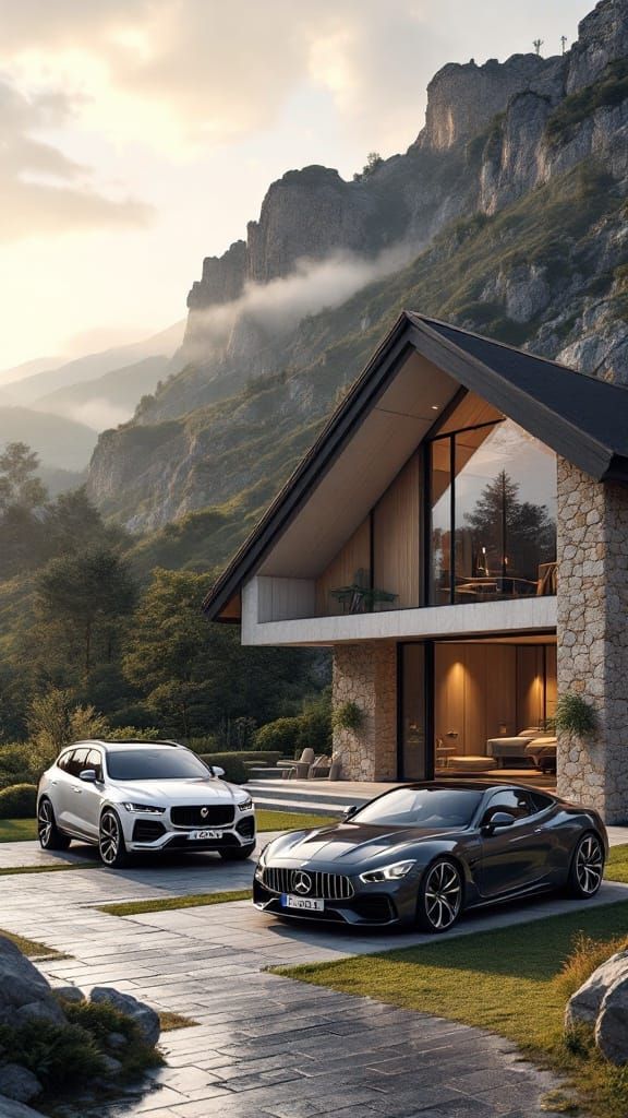 Modern Spanish Home with Luxury Cars at Dawn/Dusk