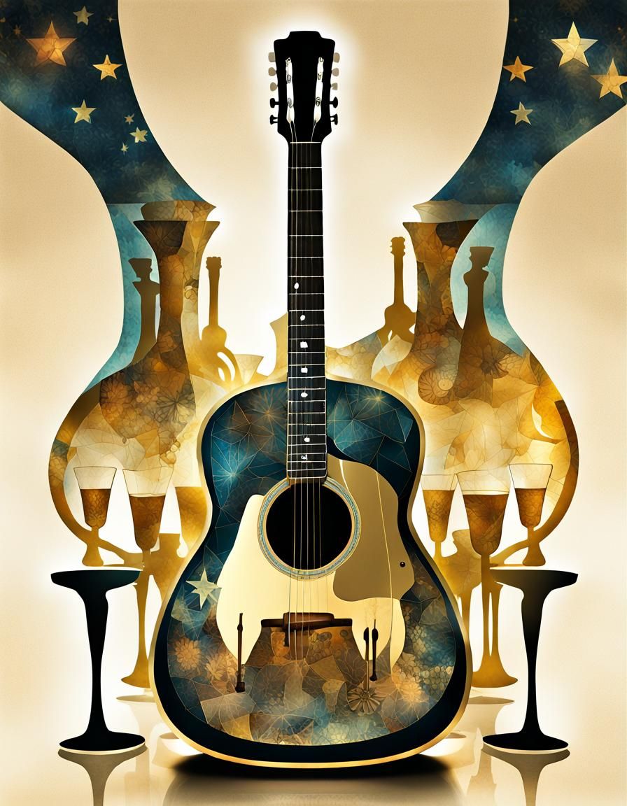 Surreal Guitar Decanter Double-Exposure Collage Art
