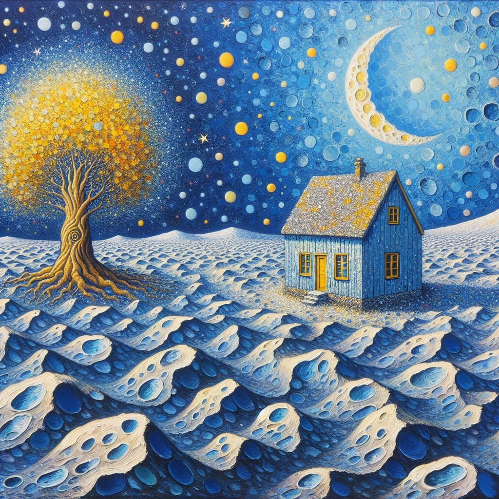 Blue Lunar Landscape in Art Brut Style