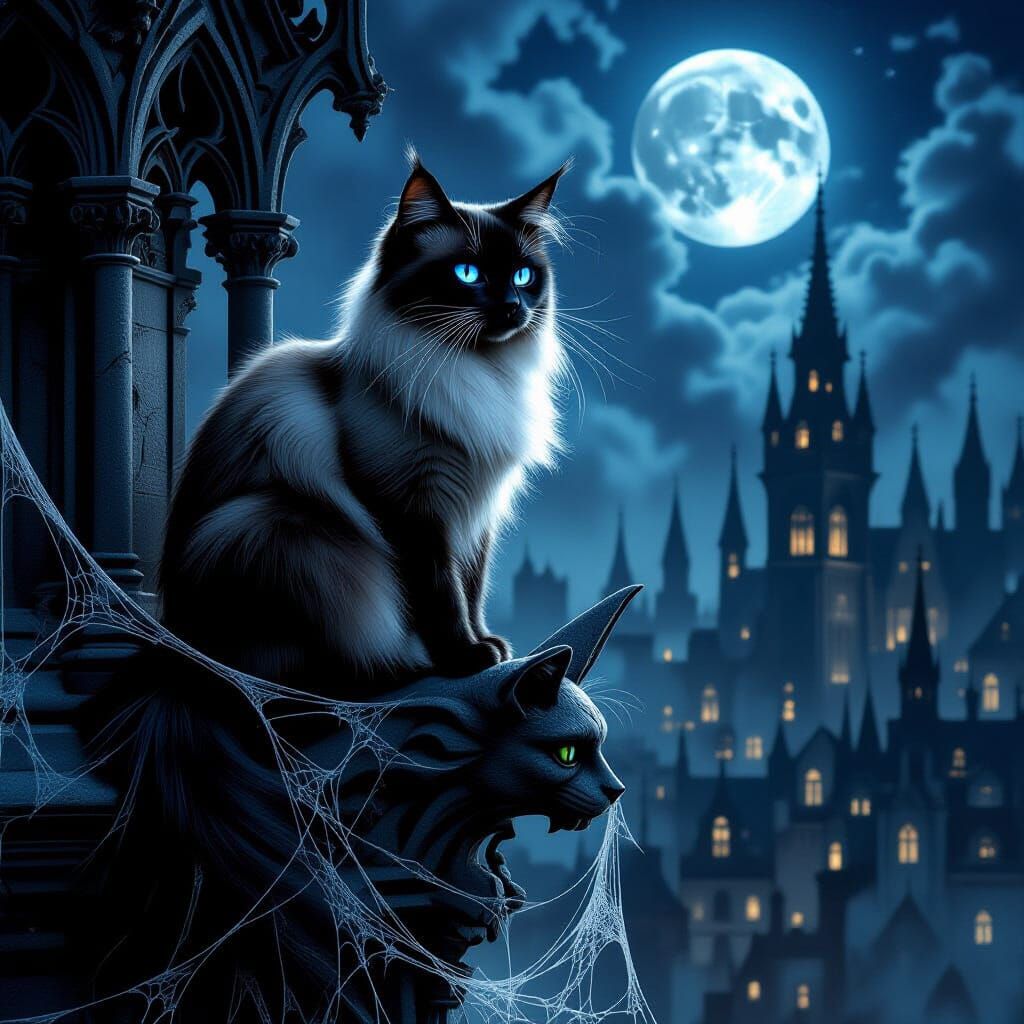 Regal Black Siamese Cat on Gargoyle in Gothic Cityscape