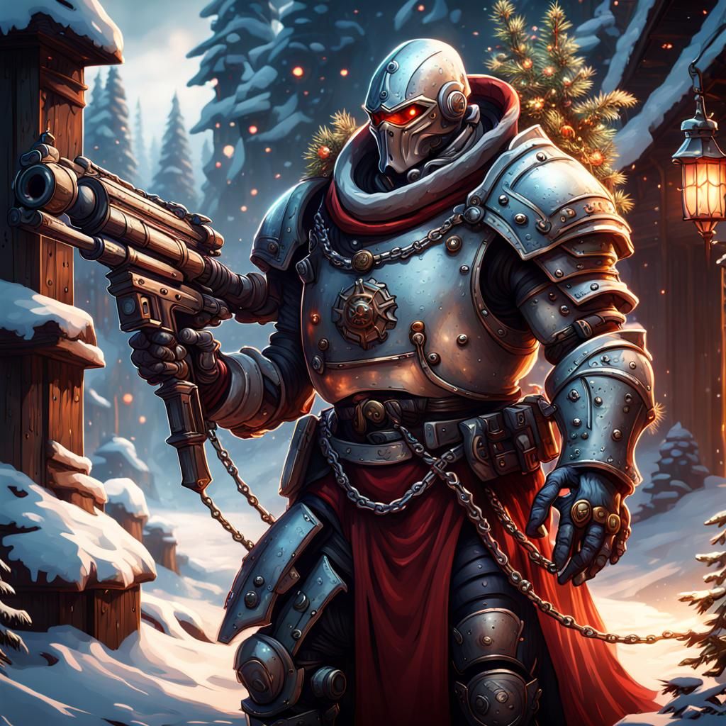 Warforged with a chain gun protecting Santa