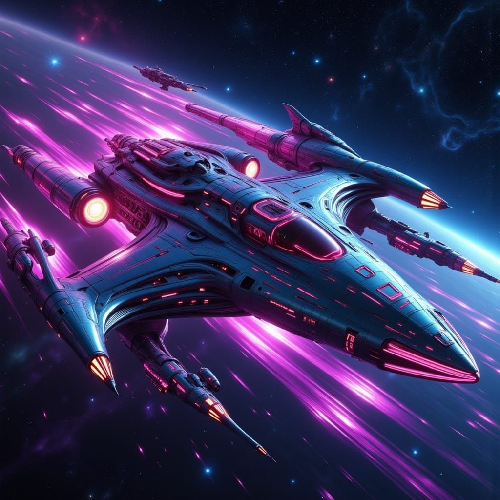 Futuristic Spaceship Soaring Through Starry Galaxy in Sci-Fi...